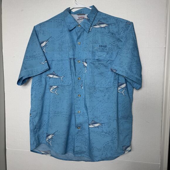 IZOD Sunfaster Fishing Shirt XL Blue Marlin Short Sleeve Performance Button Down - Picture 3 of 11